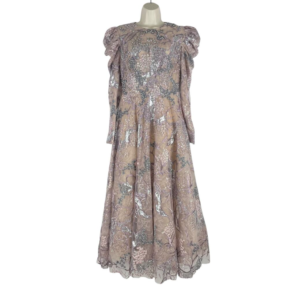 Mac Duggal Embellished High Neck Puff Sleeve A-Line Dress Taupe Size 6 - Picture 5 of 14